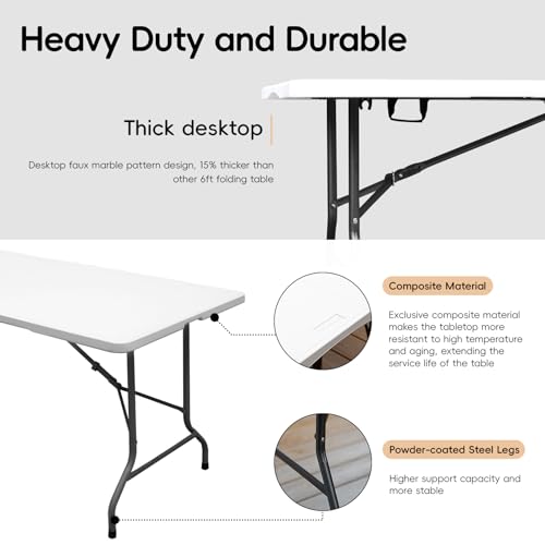pollilar 6FT Folding Table Plastic 6 Foot Foldable Table HDPE Portable Banquet Surface Fold-in-Half Desk Utility for Working Meeting,Parties, Picnic, Camping, Weddings, Catering, Garden Dining-White - color: White