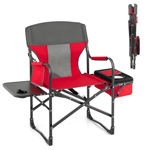 KOTEK Camping Directors Chair, Outdoor Folding Chair with Side Table, Cooler Bag & Storage Pocket, Supports 400 LBS, Portable Camp Chairs for Fishing, Picnic, Concert, Beach, Lawn, Patio (1, Red) - color: Red