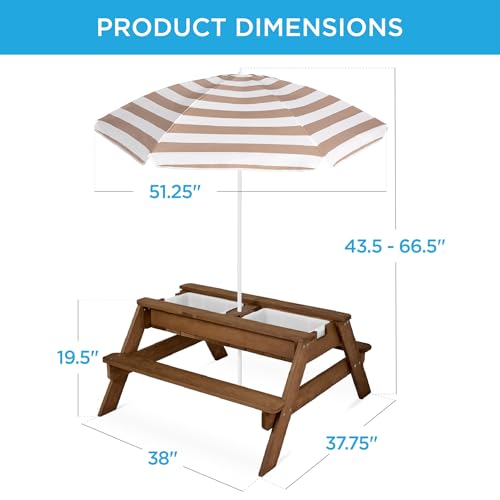 Best Choice Products Kids Picnic Table with Umbrella, 3-in-1 Sand & Water Table, Outdoor Convertible Picnic Table for Toddlers, Seats 4, Removable Top, 2 Buckets - Walnut/Beige - color: Walnut/Beige