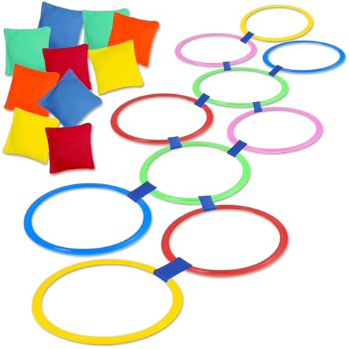 2 in 1 Hopscotch and Bean Bag Toss Set, Hopscotch Ring Game, Bean Bag Toss Game,10 Multi-Colored Plastic Rings and 10 Connectors for Indoor Outdoor Balance Agility Training Obstacle Course