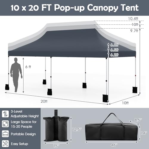 Tangkula 10x20 Ft Pop Up Canopy, Instant Setup Outdoor Tent with 6 Sand Bags, 12 Stakes & 6 Ropes, UPF 50+ Portable Canopy Tent with Carrying Bag for Camp, Beach, Patio (Black) - color: Black, size: 10x20 Ft