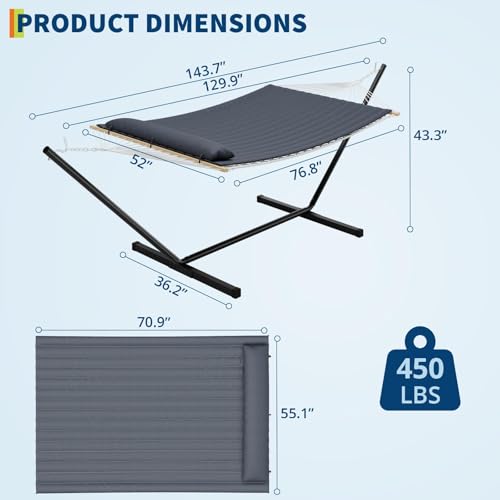 Double Hammock with Stand,450lbs Capacity, 2 Person Cotton Rope Portable Hammock with Polyester Quilted Pad and Pillow,for Garden Yard,Camping and Patio.Dark Dray. - color: Dark Gray