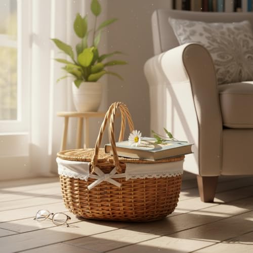 Wicker Picnic Basket with Lid and Handle 15" Sturdy Woven Body with Washable Lining for Easter,Mother's Day,Outdoor Camping,Not Dyed - color: Solid