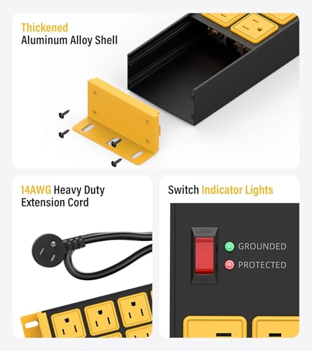 HHSOET 2 Pack Heavy Duty Power Strip 8 Outlets, Metal Wall Mount Outlet Strip 4800J Surge Protector, Garage Shop Under Desk Mountable 6FT Extension Cord Plug, ETL Listed - color: Yellow, size: 6ft