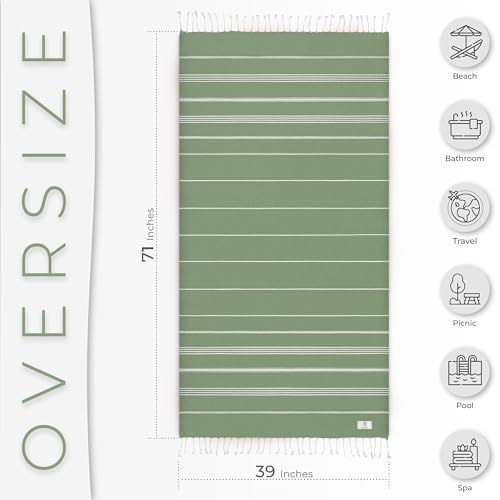 Ossano Turkish Beach Towel Absorbent & Quick Dry Oversized (39" x 71") - Decorative, Versatile and Functional as Yoga Mat, Picnic Blanket, Travel Blanket, Bath, Cruise, Gym Towel - Green - color: Green
