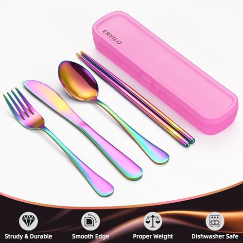 Travel Utensils with Case, Stainless Steel Camping Cutlery Set, Reinforced Case with Snap-Lock Closure, Include Fork Spoon Knife Chopsticks, Portable Lunch Box Silverware for Picnic Office, Rainbow - color: Rainbow