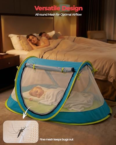 Poray Portable Baby Beach Tent with UPF 50+ Sun Shelter,Mosquito Net and Sunshade, Ideal Pop Up Kids Travel Tent with Carry Bag & 2 Stakes,Outdoor Indoor Play and Sun Protection - style: Large Deluxe Blue & Mat
