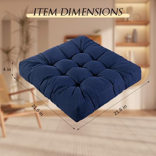 Meditation Floor Cushions Set of 2, Thickened Floor Pillow for Adults, Large Square Pillows Seat Cushion for Tatami Living Room Yoga, Memory Sponge Block Added, 22x22 Inch, Drak Blue
