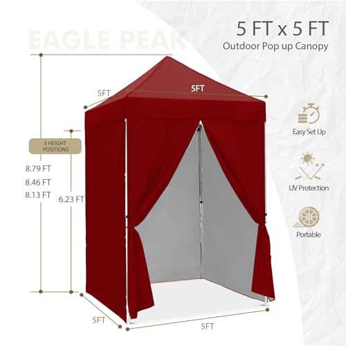 EAGLE PEAK 5x5 Instant Canopy with 4-Side Wall Panels, Small Pop up Portable Canopy Tent with Carry Bag, Light Weight Sun Shelter for Sports, Camping and Beach, Burgundy - color: Burgundy