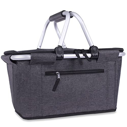 Picnic Basket, SIYUAN Collapsible Market Basket Insulted Cooler with Handles 27L Large Farmers Grocery Basket with Lid Portable Tote Bag, Black - color: Black