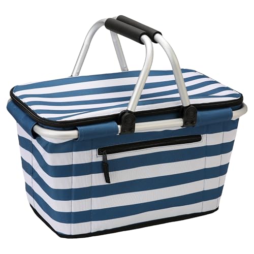 SIYUAN Picnic Basket with Handles 30L Large Stripped Insulated Cooler Leakproof Grocery Shopping Market Tote for Family Blue White - color: Blue White
