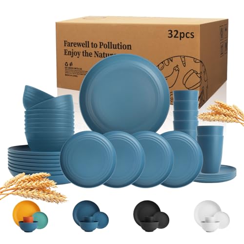 Wrova Wheat Straw Dinnerware Set of 32,Unbreakable Dinner Plates and Bowls Dishes Sets Service for 8,Dishwasher Safe Dinnerware Sets for Kitchen and Camping.Navy Blue - color: Navy Blue, size: 32 Pack