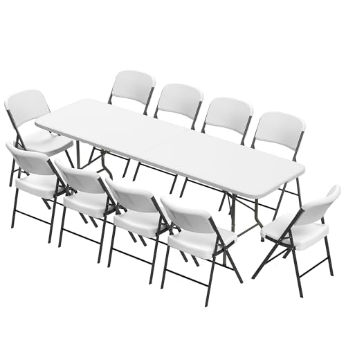Elevon Folding Table Set with 10 White Folding Chairs,8 Feet Heavy Duty Fold-in-Half Utility Table Sets for Picnic, Event, Training, Outdoor Activities, at Home and Commercial Use - size: 8 feet, style: With 10 Chair
