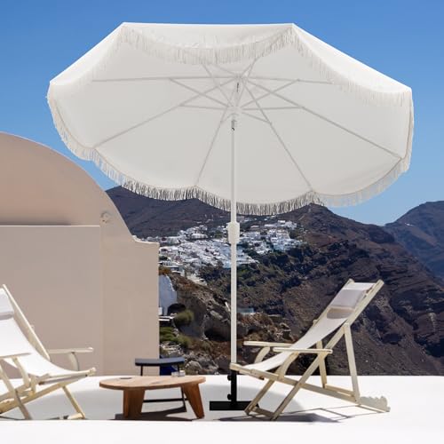 Tempera 9ft Auto Tilt Scalloped Patio Umbrellas with Fringe, Outdoor Table Umbrellas with Fade Resistant Canopy, 8 Sturdy Rids, Luxurious Vintage Umbrellas for Lawn, Pool, Deck, Balcony - color: Snow White, size: 9 FT