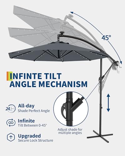 Jojoka 10FT Cantilever Patio Umbrella with Solar LED Lights - Offset Outdoor Umbrella - Easy Lift & Tilt - UV Protection - Fade Resistant - Ideal for Deck, Pool, Garden - color: Grey