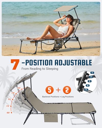 KingCamp Lounge Chair with face Hole & Canopy Shade, 400LBS Folding Portable Tanning Chair with face Hole, Adjustable 5-Position Foldable Beach Sun Tanning Chair for Outside Beach Patio Outdoor Pool - color: C*skyshade Canopy——beige Canopy, style: 400lbs&