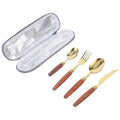 MAGICLULU Vintage Wood Handle Camping Cutlery Set 4pcs Stainless Steel Flatware Kit with Gold-grey Carry Bag for Outdoor Picnic and Hiking