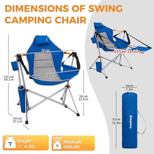 KingCamp Hammock Chair with Footrest – Heavy Duty Swinging Rocking Camping Chairs for Adults up to 400lbs, Folding Portable Oversized Rocker with Cup Holder & Pillow for Outdoor Beach Lawn RV Sports - color: Footrest Deluxe Blue/Grey