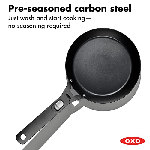 OXO Outdoor Pre-Seasoned Carbon Steel 8" Frying Pan Skillet, Detachable Handle for Easy Storage, Indoor Use, Nonstick with Use, Induction Suitable, Oven & Broiler Safe,Browning, Grill,Sear,Saute,Black - size: 8" Frying Pan Skillet Set