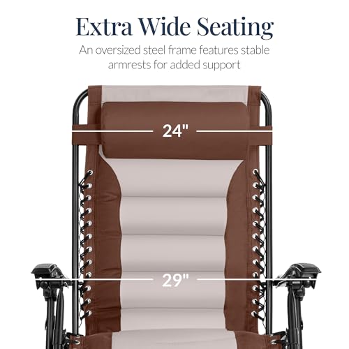 Best Choice Products Oversized Padded Zero Gravity Chair, Folding Outdoor Patio Recliner, XL Anti Gravity Lounger for Backyard w/Headrest, Cup Holder, Side Tray, Polyester Mesh - Brown/Oyster - color: Brown/Oyster