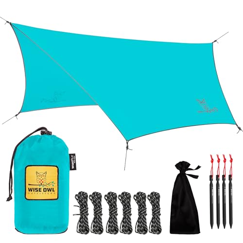 Wise Owl Outfitters Hammock Rain Fly – Waterproof Camping Tarp Cover with Tent Stakes & Carry Bag, Ultralight Shelter for Backpacking & Outdoor Shade - color: Light Blue, size: Standard (26 oz)