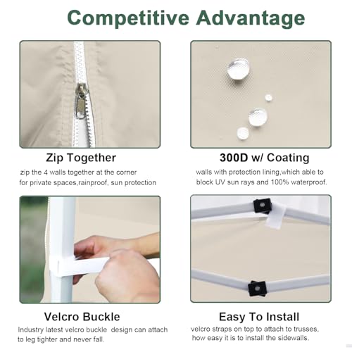 Beige SideWall for 10x10 Canopy Frame, 3 Pack SunWall and 1Pack Door Only, (with Zippers) - color: Beige, size: 4 Sidewalls