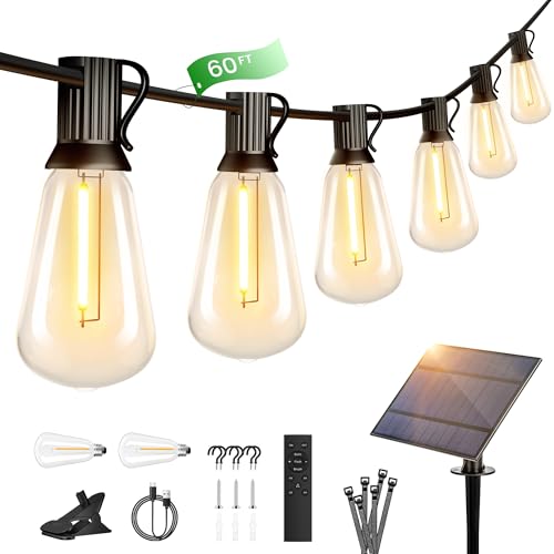 OHLUX 60FT Solar Globe String Lights Outdoor, Shatterproof Solar Patio Lights with Remote, 27 Dimmable LED Filament ST38 Bulbs, 2200K Soft Warm White Edison Hanging Light for Outside Canopy Deck - color: Warm White, size: 18M