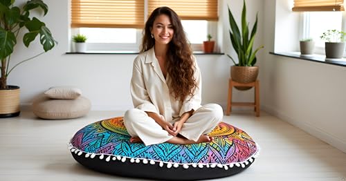 CRAFT KALA Round Mandala Boho Pillow Cover Meditation India Room Seating Poufs Cover for Living Room Yoga Room Home Décor Bedroom Balcony Garden Decoration Cotton Floor Cushion Cover 22", Multi Flower - color: Multi Flower, size: 22"