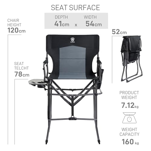 EVER ADVANCED Portable 30.7" Seat Height Tall Folding Camping Chair Directors Chair High Foldable Bar Stool with Side Table for Makeup Artist, Sports Event, Craft Show, Supports 350LBS - color: Black Grey