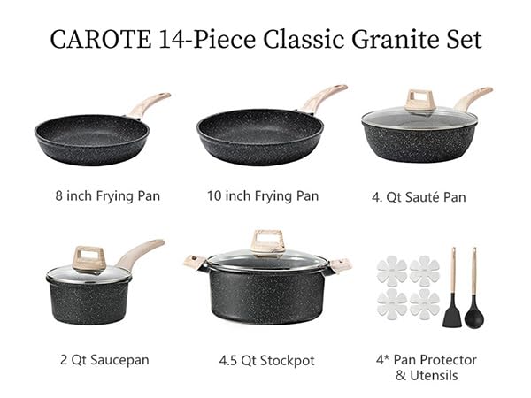 CAROTE 14Pcs Pots and Pans Set Non Stick, Cookware Sets Induction Cookware Granite Cooking Set with Frying Pans, Saucepans, Saute Pan, Extra Large Casserole - color: Black