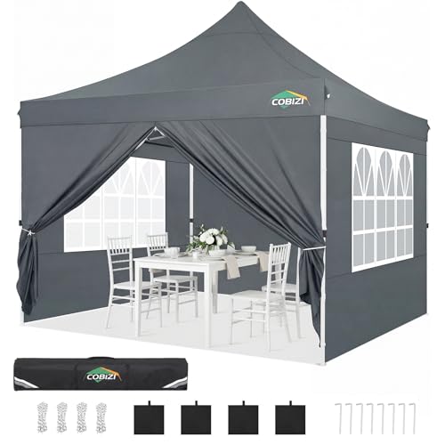 COBIZI 10x10 Pop Up Canopy with 4 Sidewalls, Canopy Tent 10x10 for Parties, Backyard, Commercial, Waterproof and Portable Instant Shelter UV50+ Outdoor Gazebo with 4 Sandbags(Light Gray) - color: Light Gray, size: 10x10FT