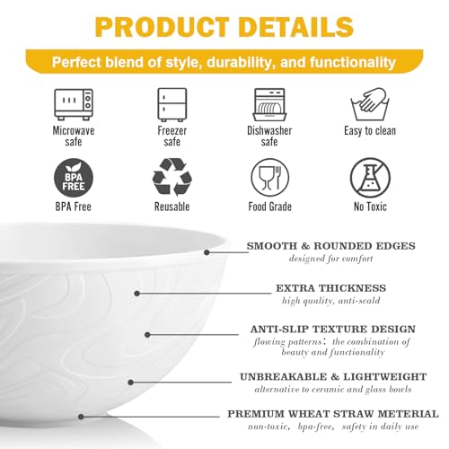 Wheat Straw Cereal Bowls 40 OZ, Unbreakable Bowls Set of 6, Microwave & Dishwasher Safe Bowl for Kitchen, Reusable Plastic Bowl for Cereal, Soup, Salad and Ramen, White - color: White, size: 40 Oz