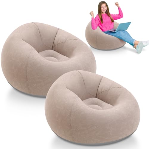 Lunmon 2 Pcs Small Bean Bag Chair Inflatable Chair Blow up Games Sofa Foldable Flocking Inflatable Lazy Sofa Portable Blow up Lounger for Living Room Bedroom (Brown) - color: Brown