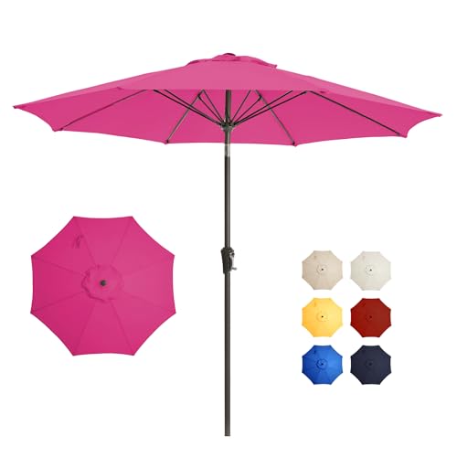 9FT Large Outdoor Patio Umbrella Pool Market Umbrella-UV Resistant, Easy Push Button Tilt and Crank, 8 Sturdy Ribs Heavy-Duty Table Umbrella for Deck, Backyard, Garden (Pink) - color: Pink, size: 9 FT