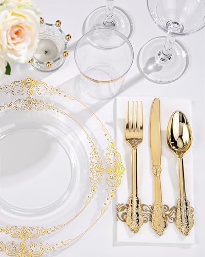 Nervure 350PCS Clear Gold Plastic Plates - Gold Plastic Dinnerware Sets for 50 Guests - 100 Disposable Plates, 150 Silverware, 50 Cups, 50 Napkins for Wedding & Party - color: Clear and Gold