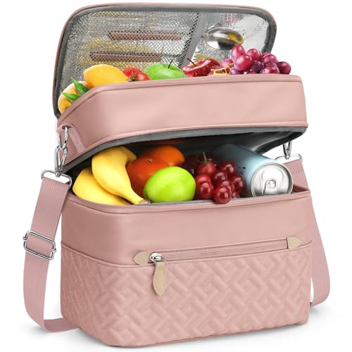 Capolo Lunch Box for Women Men Adults,Double Deck Insulated Lunch Bag Leakproof Lunch Cooler Box with Removable Strap Lunch Tote Bags Reusable Thermal Lunchbox for School Work Picnic(Large,Pink) - color: Pink, size: Large