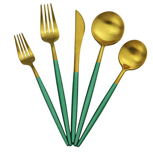 Green Handle Matte Gold Silverware, Gugrida 5-Piece 18/10 Stainless Steel Flatware Set, Kitchen Utensils, Tableware Travel Cutlery for Camping Office Lunch, Satin Finish, Dishwasher Safe - color: Green Handle Gold, size: Service for 1