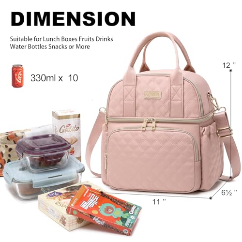 AIJIEKE Large Insulated Lunch Bag for Women, Double Compartment Leakproof Lunch Box for Work Office, Reusable Cooler Tote with Adjustable Strap & Side Pockets for Adults Picnic Beach, Pink - color: Pink