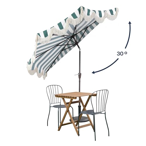 JONATHAN Y Half Umbrella UMB1201F Beverly 9 ft. Designer Classic Scalloped Fringe Market Patio with Crank, Push Button Tilt and UV Protection in Green/White - color: Green/White