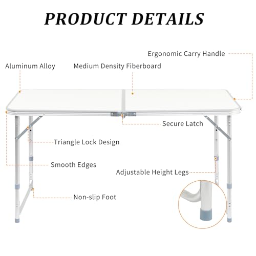 3.0 Ft Folding Portable Camping Table with Adjustable Height Aluminum Legs for Kitchen, BBQ, Dining, Picnic, Cooking, Beach, Garden, Party, Traval, Party, 4-6 People - color: White, size: 3 Ft