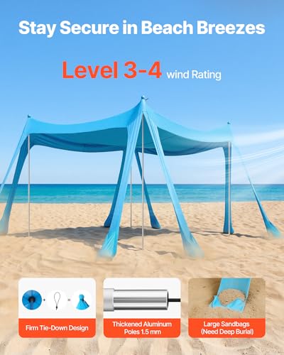 VEVOR Beach Tent Sun Shelter, UPF50+ Sun Protection, 6.6 ft Tall, 10 x 10 ft, Easy Pop Up Beach Canopy with Sandbags, Stability Poles, Sand Shovels, Portable Shade for Family, Camping, Fishing, Blue