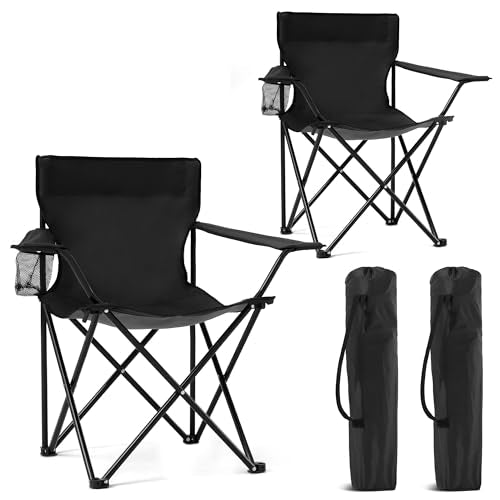 2 Pack Portable Camping Chairs Folding Lawn Chair Outdoor Lightweight Beach Chair with Cup Holder & Carry Bag for Outside Sports, Fishing, Hiking, Travel, Picnic, Backyard (Black-Dark) - color: Black-dark, size: 2pack