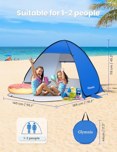 Glymnis Pop Up Beach Tent Beach Shade Tent for 1-4 Persons Sun Shelter UPF 50+ Enclose Zipper Door Portable Easy Up Beach Tent - style: Blue for 1-2 Person