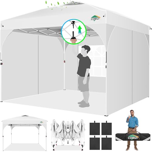 COBIZI 10x10 Pop up Canopy, Canopy Tent for Party with One Push Central Button Air Vent, Event Shelter with Sidewalls and Reflective Strip (White) - color: White, size: 10x10ft With 3 Sidewalls