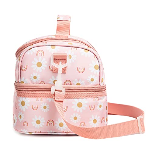 Insulated Kids Dual Compartment Lunch Bags Tote for Girls Boys Toddler Lunch Boxes Pre-School Toddler Kindergarten Elementary Picnic Food Cooler Thermal with Strap (Rainbow Daisies) - color: Rainbow Daisies