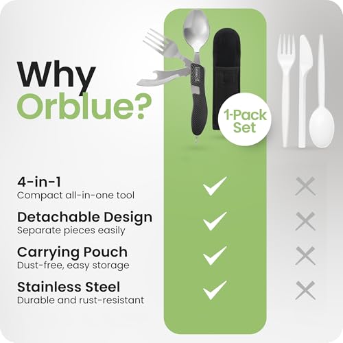Orblue 4-in-1 Camping Utensils, 1-Pack, Portable Stainless Steel Spoon, Fork, Knife & Bottle Opener Combo Set - Travel, Backpacking Cutlery Multitool, Black - color: 1-PACK Boundless Black