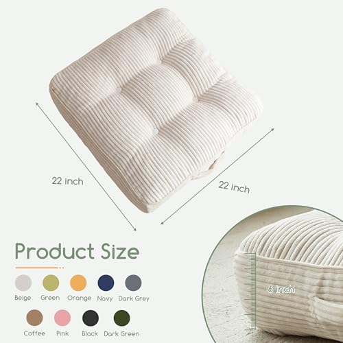 HIGOGOGO 6" Extra Thick Floor Pillow Cushion for Adults, Meditation Cushion Pillow, Large Square Floor Sitting, Tufted Corduroy Cover, for Tatami Living Room or Yoga, 22x22 Inch, Beige - color: Square Beige, size: 6" Thick(Pack of 1)