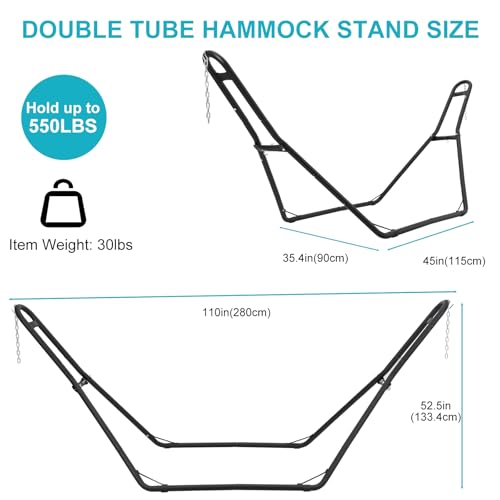 Universal 2 Person Hammock Stand, Heavy Duty Steel Hammock Stand 550 lbs Capacity, Fits 9 to 14 Foot Hammocks for Outdoor Indoor Adjustable Portable Hammock Stand with Chain, Hook, and Carrying Bag - size: Medium