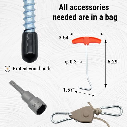 12 Pack Screw in Tent Stakes Heavy Duty-8” Metal Pegs for Ground, Drill in Camping Stake with Ratchet Tie Downs, Hex Head Driver, Spikes Puller, Protectors in a Carrying Bag, for Hiking - color: luminous with ratchets