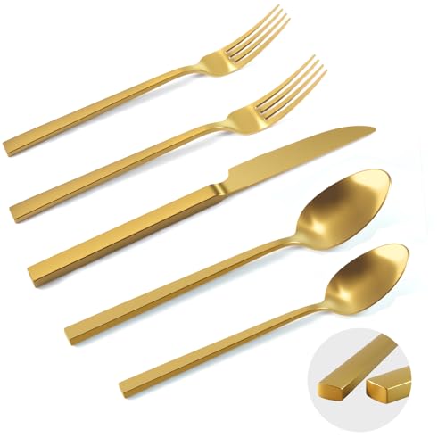 Gold Silverware Set 40-Piece 18/10 Stainless Steel Cutlery Matte Polished Cuboid Handle Flatware Sets Service for 8 - color: Matte Gold